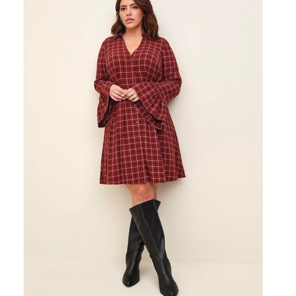 Torrid Plaid Button Front Mini Dress Rust Red Ruffle Bell Sleeve Womens Size 1